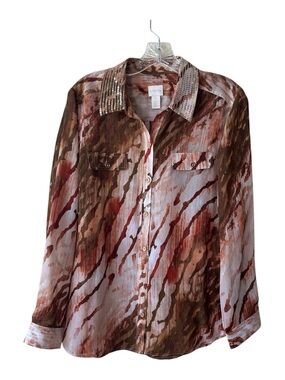Chicos 1 Neutral Zebra Chic Joceline Sequin Collar Button Down Shirt Blouse M